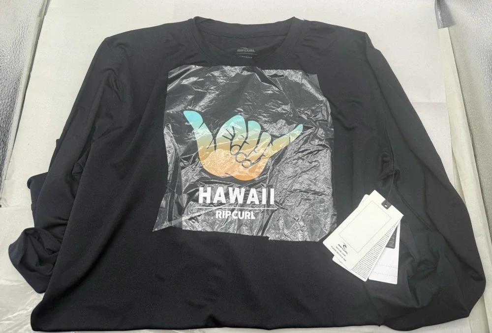 Rip Curl Hawaii Long Sleeve Rash Guard Tshirt Youth Size 16/XL Black UPF 50 READ